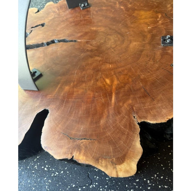 Live-Edge Burlwood Cocktail Table, Signed Eb (Attributed to Eben Blaney Studio) With Sculptural Blackened Steel Pedestal Base For Sale - Image 11 of 11