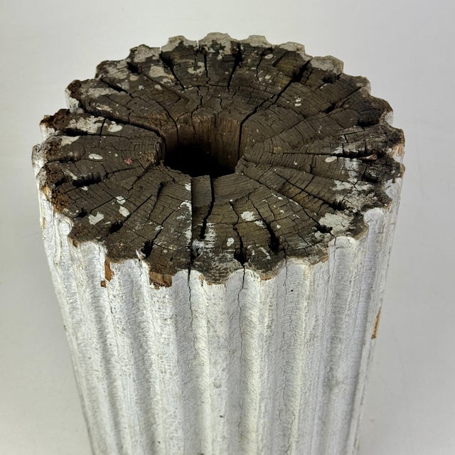 Stupendous Architectural Salvaged & Distressed Chunky Wooden Fluted Display Pedestal Column With Original White Paint For Sale - Image 4 of 7