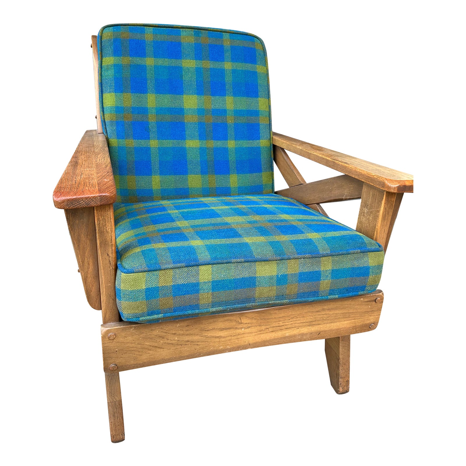 1960s Ranch Oak Rocking Chair-Blue and Green Plaid | Chairish
