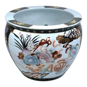 Vintage Large Chinese Porcelain Chinoiserie Koi Floral Jardiniere Planter 14.25" Dia