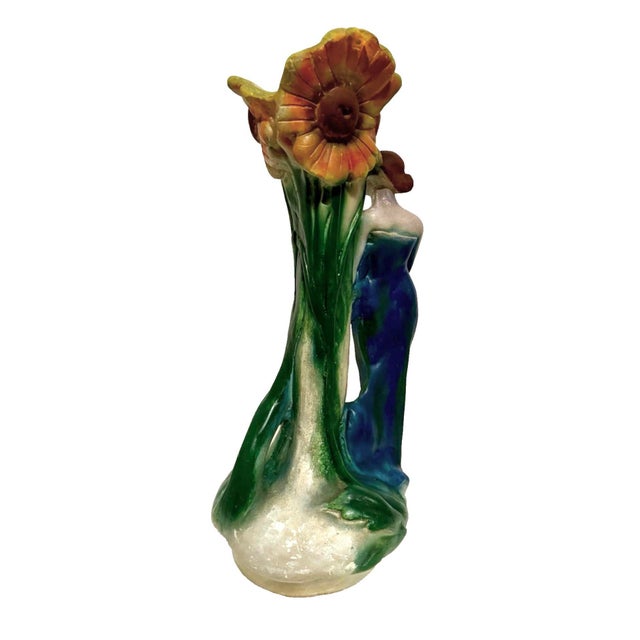 1910s Art Nouveau Chalkware Sculpture Vase Maiden and Sunflowers, Circa 1910 For Sale - Image 5 of 8