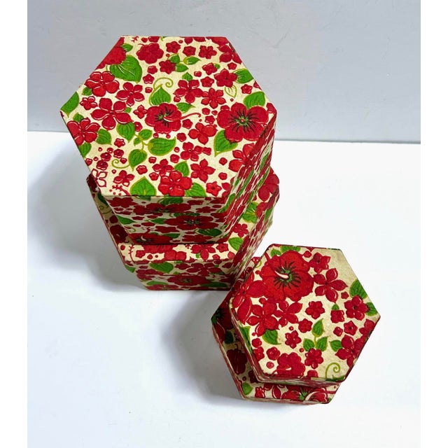 Antique Floral Nesting Boxes – Textile Covered Folk Art Storage Boxes, Early 20th Century (Set of 4) For Sale - Image 4 of 9