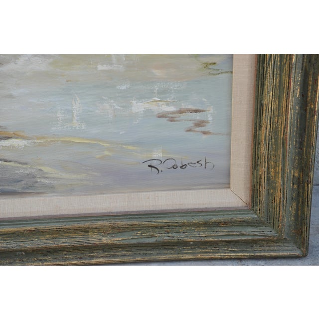 Sky Blue Mid 20th Century California Town Scene Oil Painting by Ruby Dobesh, Framed For Sale - Image 8 of 12
