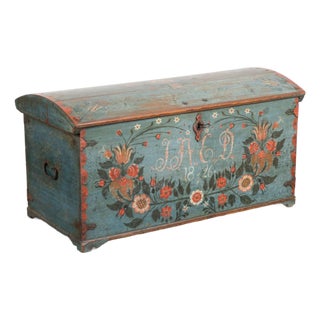 Original Swedish Dome Top Hand Painted Blue Pine Trunk Dated 1826 For Sale