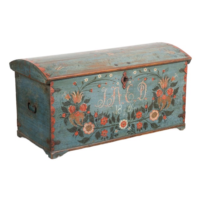 Original Swedish Dome Top Hand Painted Blue Pine Trunk Dated 1826 For Sale