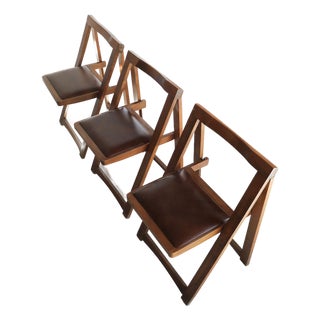Set of 3 Trieste Foldable Wooden and Leather Chair Attributed to Aldo Jacober for Alberto Bazzani - Italy For Sale