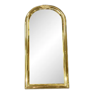 1970s Hollywood Regency Art Deco Arched Brass Wall Mirror With Oak Leaves Accent.