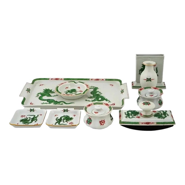 Mid 20th Century Meissen Porzellan Green Ming Dragon Porcelain Writing Set - 9 Pieces For Sale