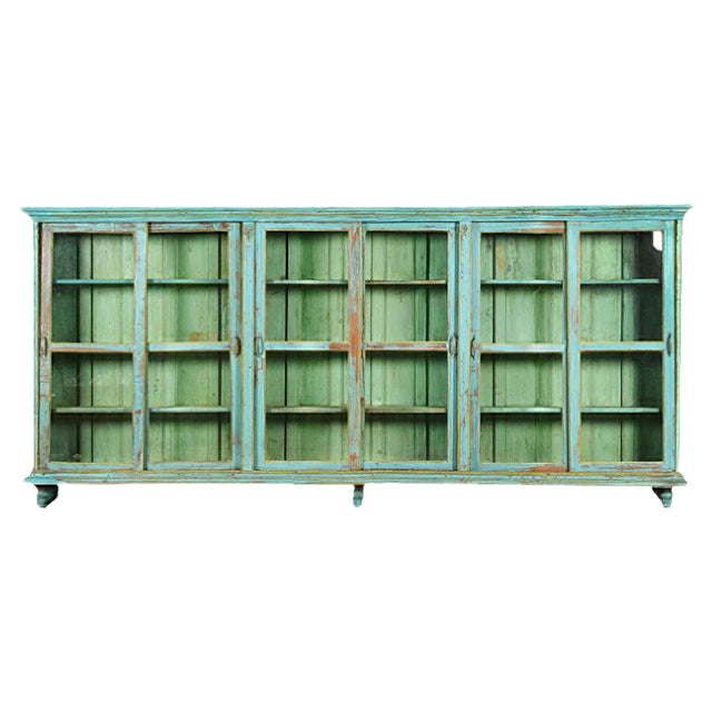 Large Wooden Display Case with Turquoise Patina, 1940s For Sale