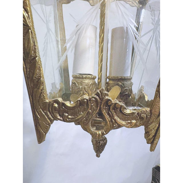 Vintage Bronze Lantern With Etched Glass Panels For Sale - Image 4 of 7