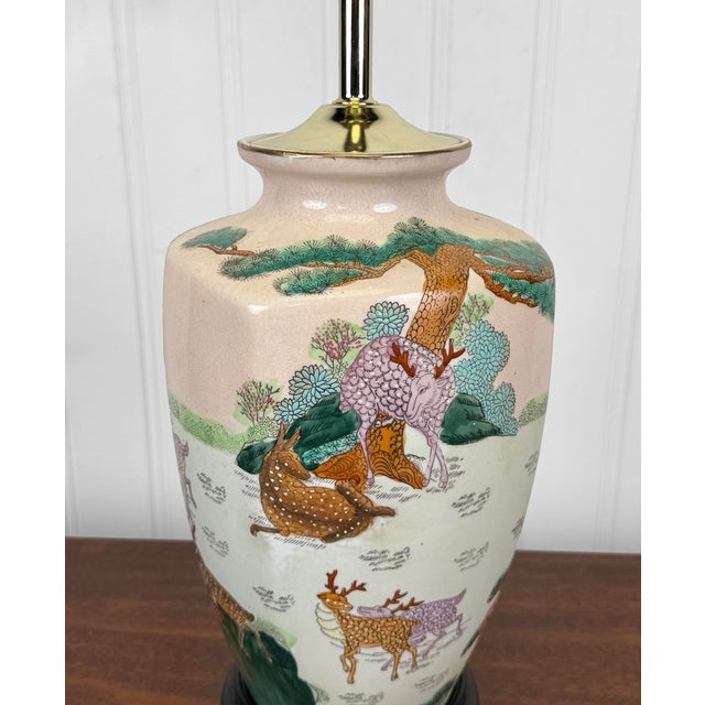 1970s Vintage Chinese Chinoiserie Deer Motif Porcelain Table Lamp For Sale - Image 5 of 9