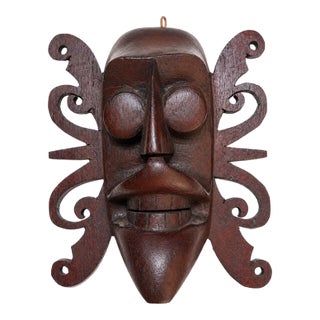 Vintage Indonesian Borneo Dayak-Style Hand-Carved Wood Wall Mask For Sale
