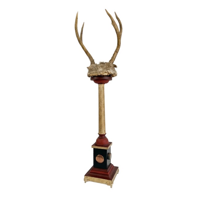 Baroque Curiosity Cabinet Vintage Trophy Antlers W Gilded Column & Specimen Gems For Sale
