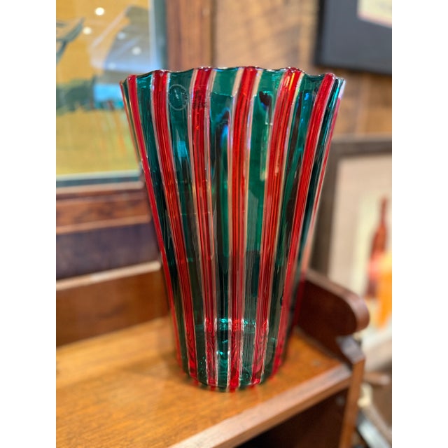 This is a vintage Murano glass vase designed by Gio Ponti for Venini, crafted in the striking "a canne" style with red and...