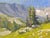 This gouache painting captures a tranquil mountain landscape, where vibrant greens and soft blues create a serene...