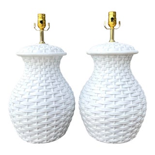 Vintage Plaster Woven Rattan Lamps - A Pair For Sale