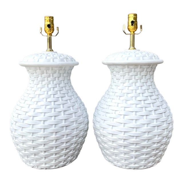 Vintage Plaster Woven Rattan Lamps - A Pair For Sale
