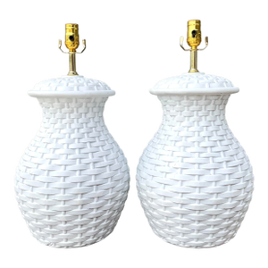 Vintage Plaster Woven Rattan Lamps - A Pair
