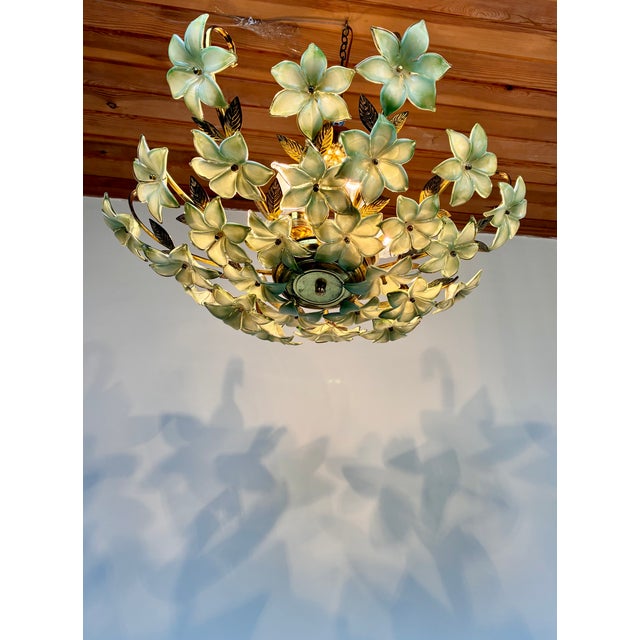 1970s Vintage Murano Style Hand-Painted Green Glass Floral Flush Mount Chandelier⁠ For Sale - Image 14 of 18
