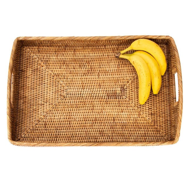 Artifacts Rattan Rectangular Serving Tray with High Handles in Honey Brown - 21" For Sale - Image 4 of 10
