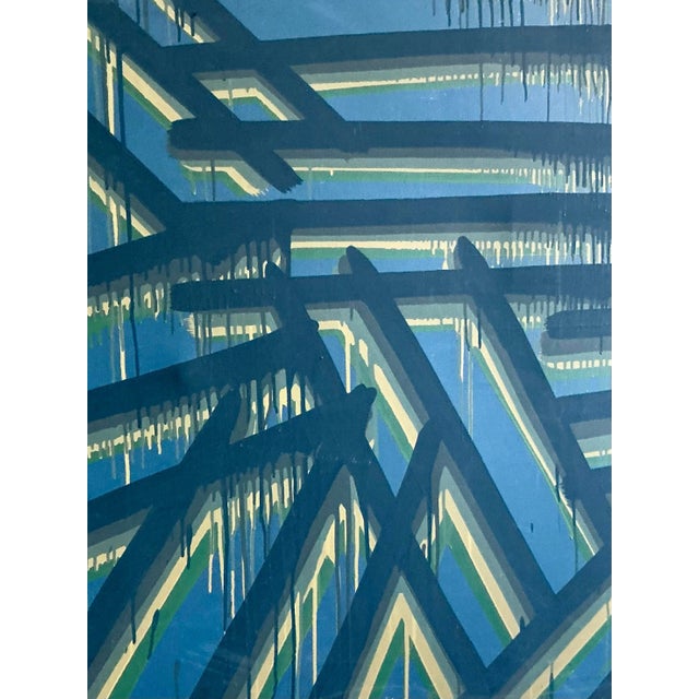This expansive original abstract painting is a powerful statement piece, blending bold geometric structure with dynamic...