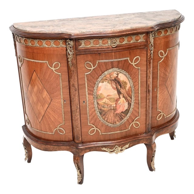 Antique French Marble Top Painted Cabinet, 1920s For Sale