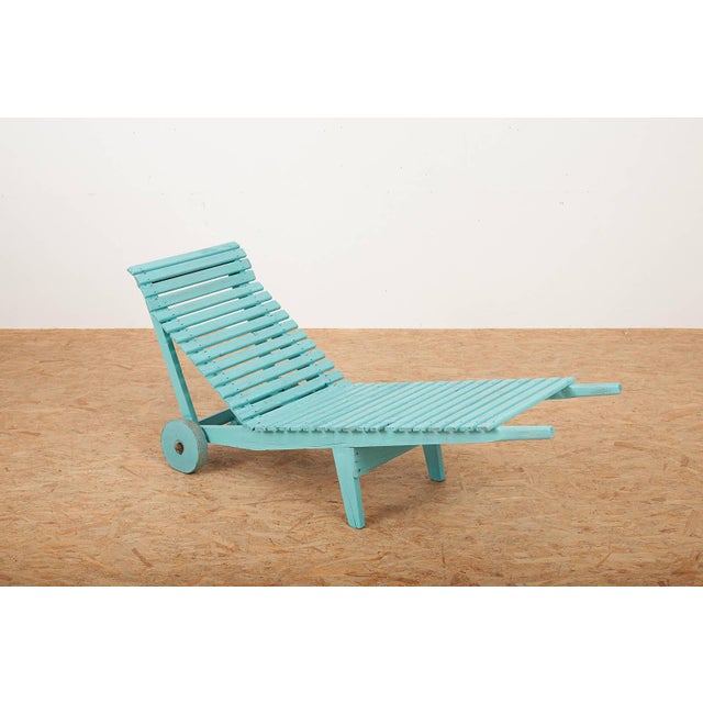 Garden Lounger Mairea, Wooden Frame, Planked with Wooden Slats, on Wheels. The Lounger Has Been Reglued and Oiled in Its...