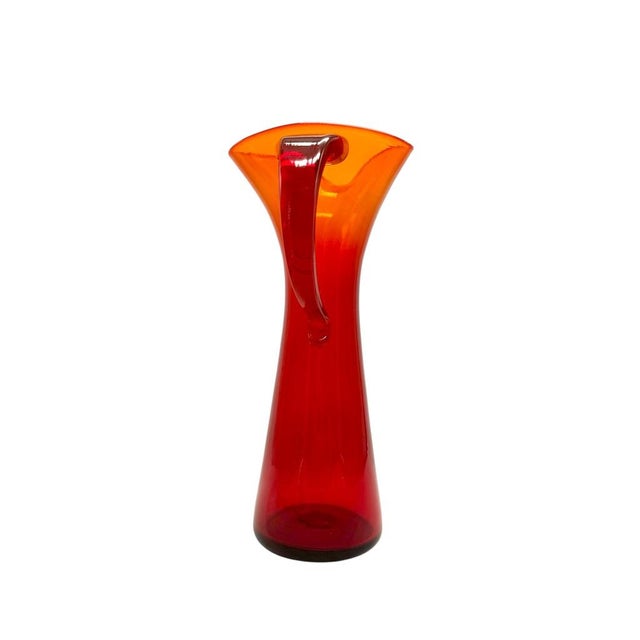 Vintage Blenko Orange Red Tall Triangle Top Pitcher Vase Handblown Art Glass For Sale In Baton Rouge - Image 6 of 10