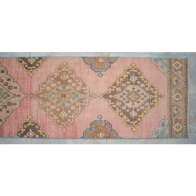1960s Traditional Turkish Runner Hand Knotted Distressed Low Pile Pink Hallway Rug Kitchen Decor For Sale - Image 9 of 12