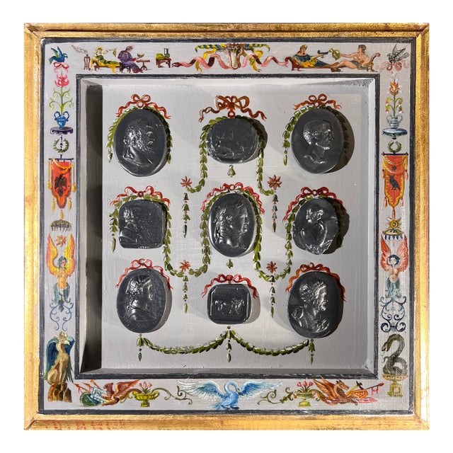 Renaissance Revival Grotesche Painted Frame With Neoclassical Grand Tour Intaglios For Sale