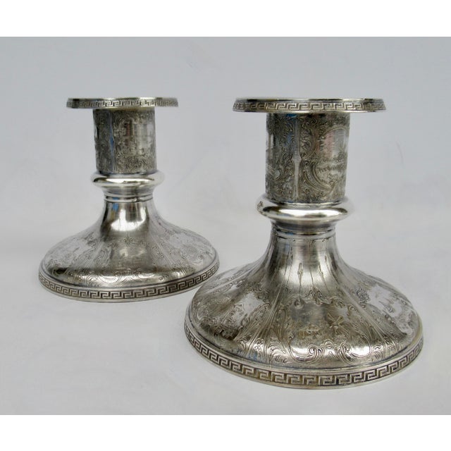 Vintage Victorian Era Heritage Sterling Co. Silver Plate Greek Key Repousse' Candle Holders -Pair For Sale In West Palm - Image 6 of 12