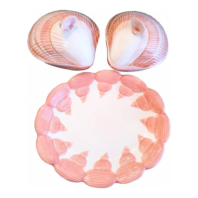 Vintage Fitz and Floyd Coquille Ceramic Pink Sea Shell Set Trinket Boxes, Catchall Dish- Set of 3 For Sale
