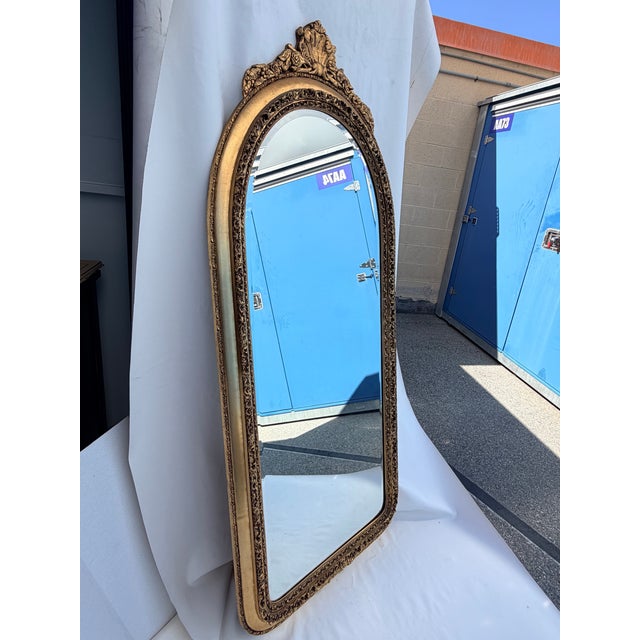 Glass Arched Wall Mirror Ornate Carved Frame With a Gold Gilt Finish 19th-Century French Baroque Style Mirror For Sale - Image 7 of 12