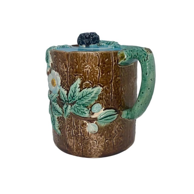 Majolica Holdcroft Majolica Blackberry on Tree Trunk Teapot, Turquoise Blue Cover C. 1877 For Sale - Image 4 of 13