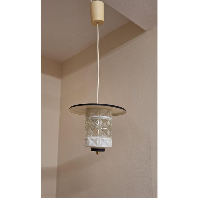 Vintage Ceiling Lamp with a Patterned Relief Glass Shade on a Metal Lantern, 1970s For Sale - Image 4 of 7