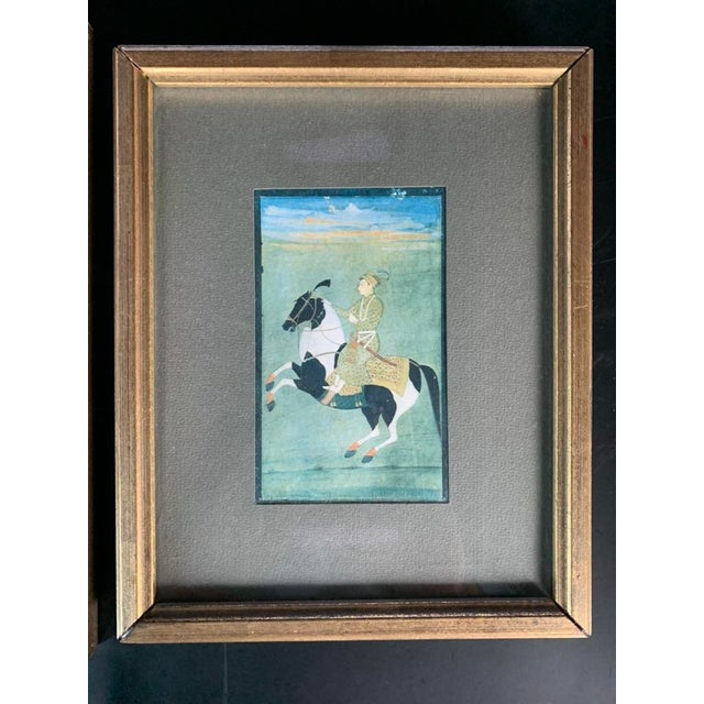 Persian 19th Century Pair of Framed Persian Miniature Paintings - Mughal Style Horseback & Hunt Scene For Sale - Image 3 of 11