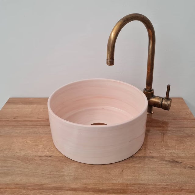 Contemporary Pink Bathroom Wash Basin with Brass Drain For Sale - Image 4 of 6