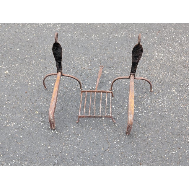 Early 20th Century Antique Wrought Iron Fireplace Andirons and Grate For Sale - Image 9 of 11