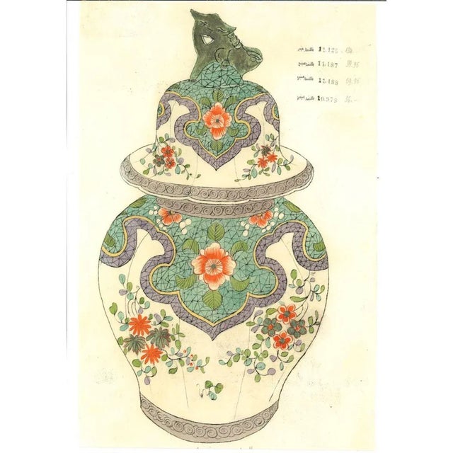 Porcelain Vases is an original china ink and watercolor drawing on ivory-colored paper by realized by Anonymous Artist of...