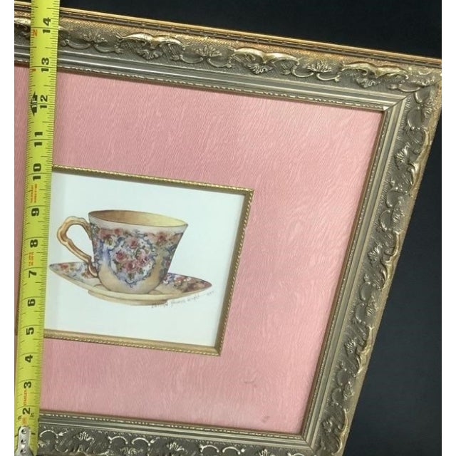 Set of Four English Country Floral Teacup Signed Prints in Decorative Gilt Frames With Hollywood Provenance For Sale - Image 4 of 4
