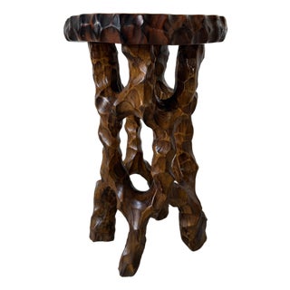 Vintage Organic Hand-Carved Mahogany Wood Plant Stand / Pedestal Table For Sale