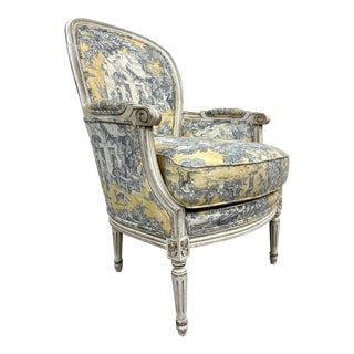 Wesley Hall, Inc., French Louis XVI Style Toile Armchair Bergere For Sale