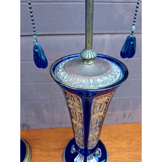 Pair Continental Parcel Gilt Cobalt Glass Vases Mounted as Lamps, Circa 1880s For Sale In Washington DC - Image 6 of 13