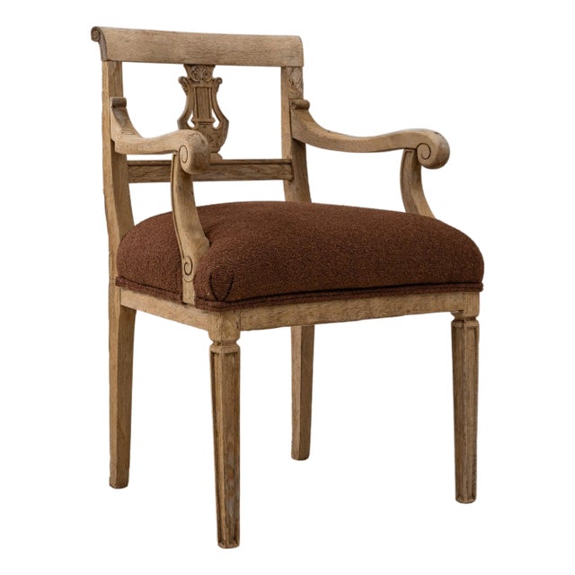 19th Century French Neoclassical Oak Upholstered Armchair With Lyre Back For Sale