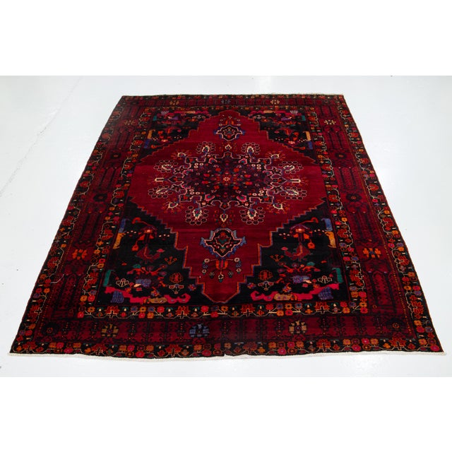 7' X 10' Room Size | 1950s Bidjar Persian Wool Rug With Red Rosette Motif For Sale - Image 10 of 10