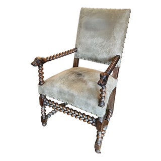 19th Century French Louis XIII Style Barley Twist Armchair With Dog Terminals For Sale