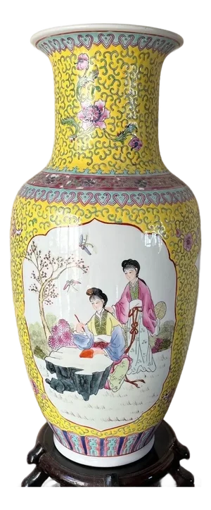 Mid 20th Century 18" Chinese Famille Jaune Porcelain Vase - Hand Painted Maiden Scene