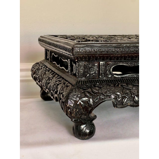 Black Chinese Black Lacquered Display Stand, Hardwood, Hand Carved, Rectangular, Early 20th C. For Sale - Image 8 of 18