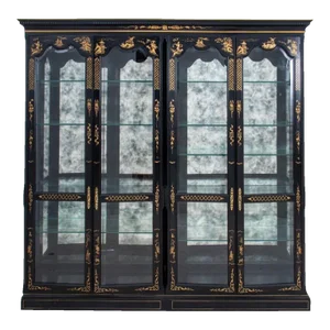 Chinoiserie Display Cabinet / Hand Gilt Black Lacquered Wood Vitrine