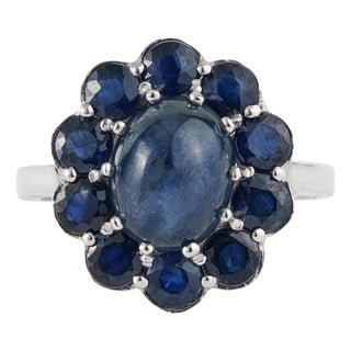 Vintage Neo-Victorian Inspired Oval Blue Sapphire Floral Cocktail Ring in 925 Silver Size 8 For Sale